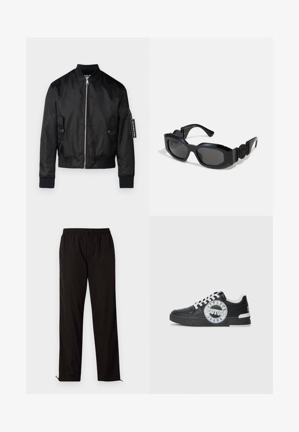 Crna bomber jakna izrađena od glatkog najlona, s prednjim zatvaračem, dva bočna džepa, rebrastim manžetama i oznakom s logotipom na rukavu.; Crna pamučna majica s kratkim rukavima s velikim bijelim natpisom "VERSACE JEANS COUTURE" sprijeda. Klasični dizajn s okruglim izrezom.; Crne lagane hlače s elastičnim pojasom, zatvaranjem na vezicu i patentnim zatvaračima na rubovima za podesiv fit. Glatka, elegantna tekstura.; Crne kožne tenisice s bijelim detaljima, okruglim logotipom, perforiranim prstom i kontrastnom potplatom. Imaju bijele vezice i brendiranje.; Crne sunčane naočale sa širokim, uglatim okvirom i tamno obojenim staklima. Imaju teksturirane crne strane i okrugli logo kao naglasak na sljepoočnici.