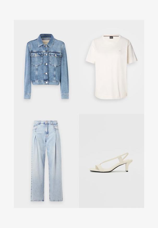 Ljusblå denimjacka med krage, två bröstfickor, silverfärgade knappar och kort passform. Sliten textur genom hela plagget.; Vit bomullströja med korta ärmar, rund halsringning och en liten logotyp på bröstet. Slät textur och rak fåll.; Ljust blå denimjeans med hög midja, vida ben, två sidofickor och veckad design. Mjuk textur med en blekt finish.; Beige blockklackade sandaler med tunna remmar och fyrkantig tå. Slätt material med minimal detaljering, utformade för enkel användning.