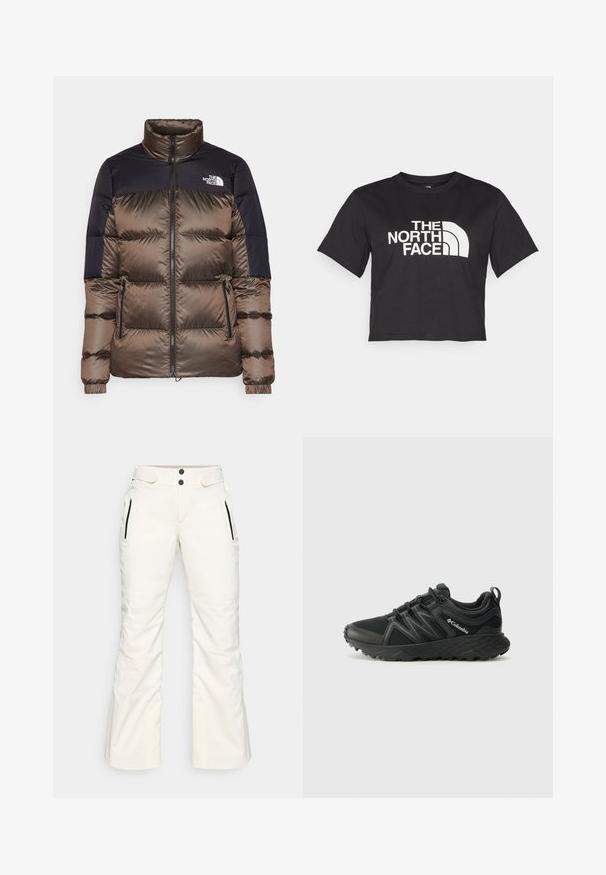 Brown and navy puffer jacket with a high collar, zip closure, two side pockets, and logo on the chest. Smooth texture, boxy design.; Black cropped t-shirt made of cotton, featuring a white logo with curved accents and text "THE NORTH FACE" on the front. Short sleeves, crew neck.; White ski pants with a smooth texture, featuring two zippered side pockets, two buttons at the waist, and a slightly flared leg design.; Columbia PEAKFREAK - Hiking shoes - black