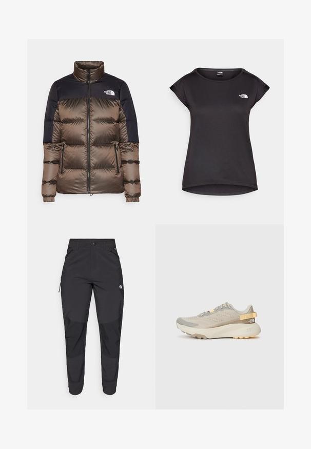 Pruun ja tumesinine täispuhutav jakk kõrge kraega, tõmblukuga, kahe küljetaskuga ja logoga rinnal. Sile tekstuur, kandiline disain.; The North Face TANKEN TANK - Spordi T-särk - black; Must black välitingimustes püksid, mis on valmistatud vastupidavast kangast. Omavad lukugaTaskuid, tugevdatud põlvepaneele ja sirget lõiget liikuvuse tagamiseks.; Heledad hall jooksujalats, millel on tekstuuriga võrkkate, hallid aktsendid, vastupidav kummist tald ja tagumine tõmbenupp mugavaks jalga panemiseks.