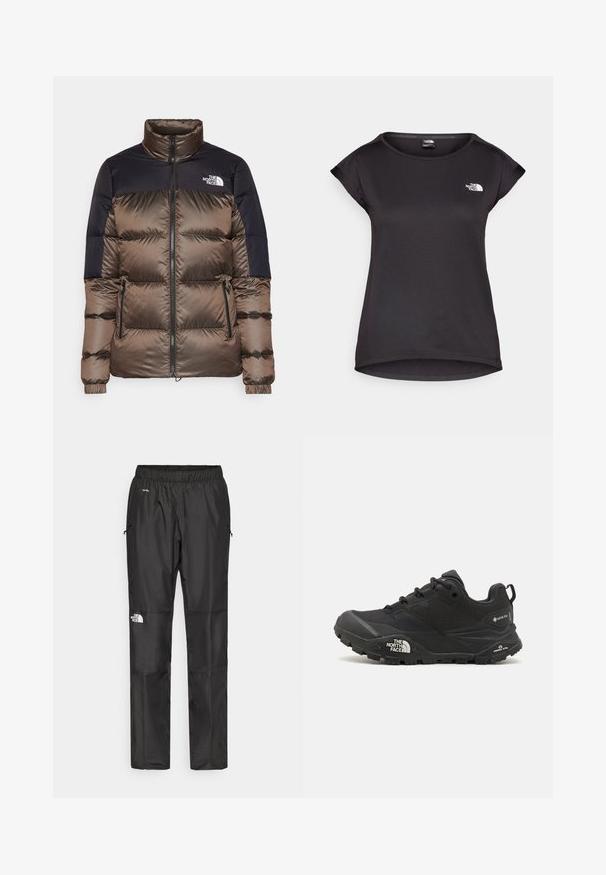Smeđa i mornarsko plava puffer jakna s visokim okovratnikom, zatvaranjem na zatvarač, dva bočna džepa i logotipom na prsima. Glatka tekstura, kutni dizajn.; The North Face TANKEN TANK - Sportska majica - black; Crne vodootporne hlače napravljene od lagane tkanine, s elastičnim pojasom, bočnim džepovima i logotipom na lijevoj nozi.; Crne planinarske cipele s teksturiranim gornjim dijelom, zatvaranjem na vezivanje i debelim gumenim potplatom koji sadrži istaknuti logo na strani i uzorke na gaznom sloju.
