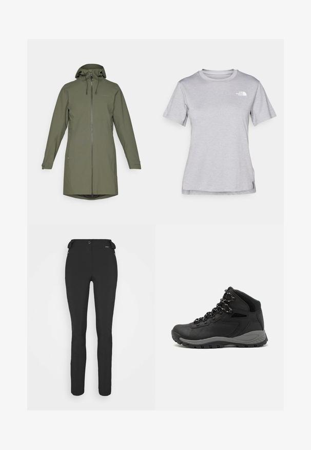 Cappotto impermeabile verde oliva con zip frontale completa, cappuccio regolabile, maniche lunghe e tasche laterali. Texture opaca liscia, design fino al ginocchio.; T-shirt grigio a maniche corte realizzato in morbido tessuto traspirante. Presenta un collo tondo e un piccolo logo bianco nella parte superiore sinistra.; Pantaloni neri aderenti realizzati in materiale flessibile. Presentano una tasca laterale con zip, ginocchia articolate e una texture liscia.; Stivale da trekking nero con design a metà altezza, dotato di una tomaia texturizzata, accenti grigi e suola in gomma resistente con tasselli per la trazione.