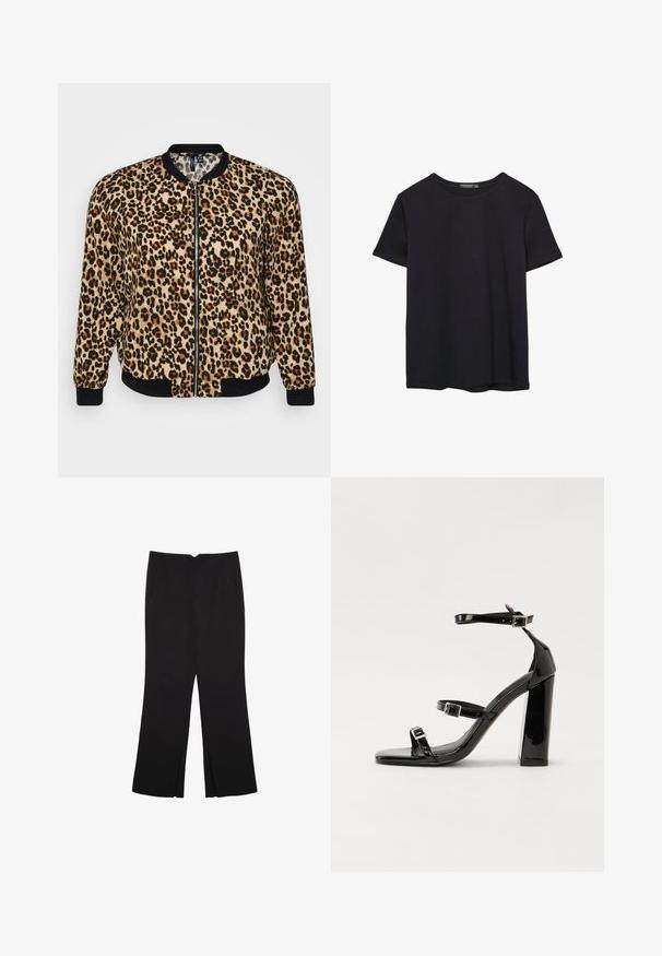 Veste bomber en imprimé léopard avec fermeture éclair à l'avant, poignets et ourlet côtelés noirs, fabriquée en tissu doux et texturé dans des tons de beige et de marron.; T-shirt en coton noir à manches courtes, col rond, présenté sur un fond blanc.; Pantalon noir avec une coupe droite, doté de poches avant et d'éclairs sur l'ourlet. Fabriqué en tissu doux et lisse. Convient à diverses occasions.; Sandales à talons hauts en cuir verni noir avec deux brides à boucles, bout carré et talon bloc épais, présentant une texture lisse et brillante.