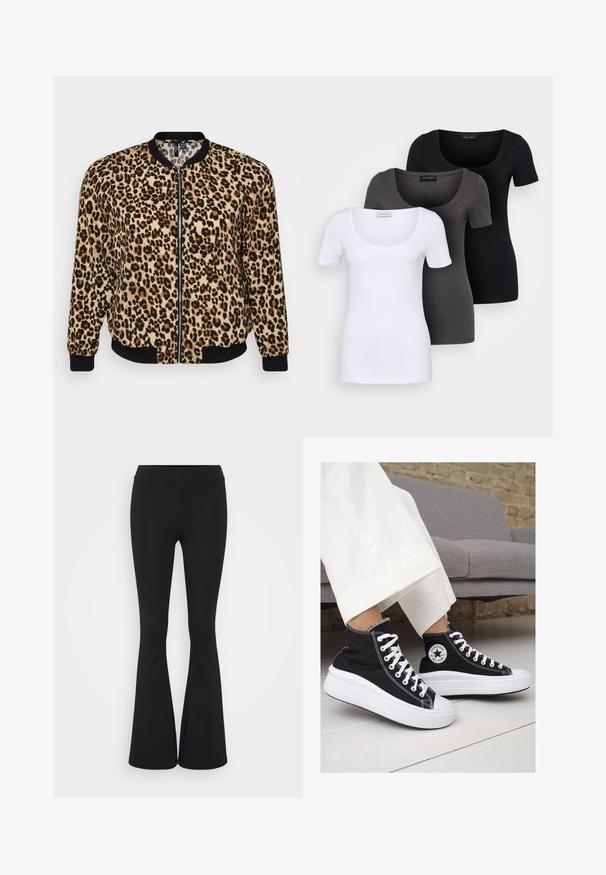 Bomberka w panterkę z zapięciem na zamek, czarnymi ściągaczami przy mankietach i dolnej krawędzi, wykonana z miękkiego, teksturowanego materiału w odcieniach beżu i brązu.; Trzy dopasowane koszulki w kolorze białym, szarym i czarnym. Każda z nich ma szeroki dekolt w serek i krótkie rękawy. Wykonana z gładkiego, elastycznego materiału.; Czarne spódnice dzwonowe wykonane z elastycznego materiału, z wysokim stanem i gładką fakturą. Spodnie rozszerzają się od kolana.; Czarne trampki typu high-top z białą gumową podeszwą i sznurowadłami. Posiadają okrągłe logo z boku oraz kontrastujące białe szwy.