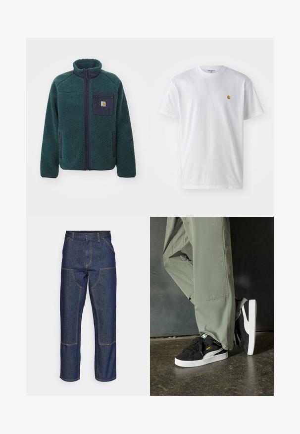 Roheline fliisist jakk kõrge kaelusega, täispika eesmine lukuga ja rinnataskuga, millel on tume sinine aktsent. Tekstureeritud, pehme materjal.; Valge puuvillane t-särk lühikeste varrukatega, ümmargune kaelus, millel on väike kuldne logo vasakul rinnal. Pehme tekstuur ja regulaarne lõike.; Tumedast sinisest denimmaterjalist teksad kõrge talje, sirge sääre disainiga, kontrastsete õmblustega ning ees taskud plaastritega.; Mustad nubukist spordijalatsid valgete kummist tallade ja külgriidega, koos heleda rohelise cargo-pükstega, seistes tekstureeritud tumedal pinnasel.