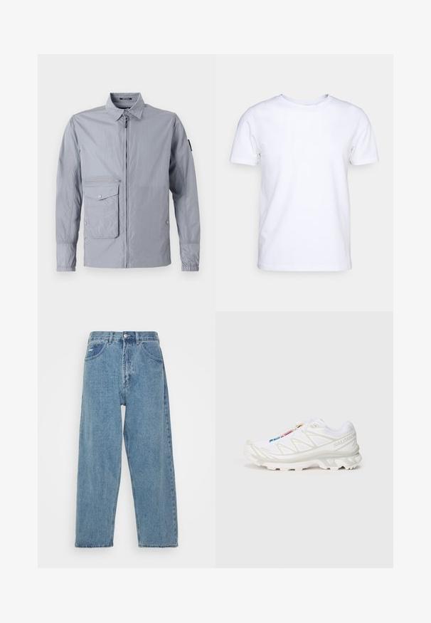 Lys grå vindjakke med krave, frontlynlås og en sidelomme. Har elastiske manchetter og en glat, blank tekstur.; Hvid kortærmet t-shirt i bomuldsstof med rund halsudskæring. Enkel design uden mønstre eller detaljer. Glat tekstur.; Lyseblå denim jeans med høj talje og afslappet pasform, der har to forlommer, en baglomme og knaplukning.; Hvid sportssko med tekstureret mesh-overdel, reflekterende detaljer og en polstret sål. Bemærkelsesværdigt mærke-logo på siden.