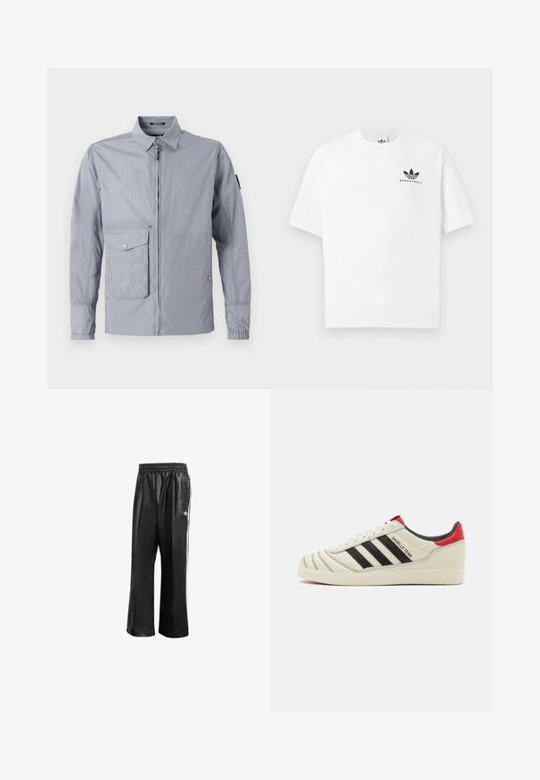 Lys grå vindjakke med krave, frontlynlås og en sidelomme. Har elastiske manchetter og en glat, blank tekstur.; Hvid bomulds t-shirt med korte ærmer, der har et sort "BASKETBALL" logo og det ikoniske tre-stribes design på forsiden.; Sorte syntetiske træningsbukser med elastisk talje, prydet med hvide side-striber og et lille hvidt logo på venstre hofte.; Cremefarvede lædersneakers med sorte striber, røde hælindlæg og teksturerede detaljer. Har en gummisål og snørelukning.