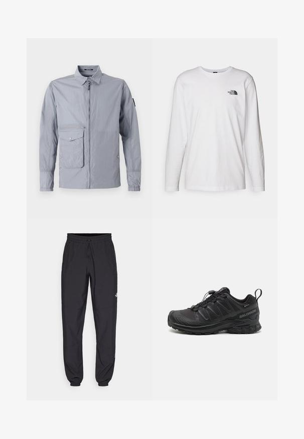 Lys grå vindjakke med krave, frontlynlås og en sidelomme. Har elastiske manchetter og en glat, blank tekstur.; Hvid langærmet T-shirt lavet af bomuld med rund hals. Har et lille sort logo på brystet. Glat tekstur, almindelig pasform.; Sorte atletiske bukser lavet af letvægtsstof, med en snor i taljen, sidelommer og tapered manchetter ved anklerne.; Sort atletik sko med en struktureret syntetisk overdel, polstret sål og et hurtiglukkesystem. Har forstærket tå og hæl.