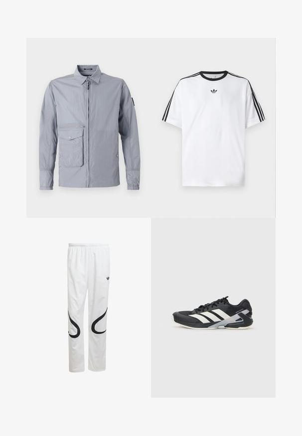 Light gray windbreaker jacket with a collared neckline, front zipper, and a side pocket. Features elastic cuffs and a smooth, shiny texture.; White T-shirt made of cotton, featuring a black round neckline and three black stripes on each shoulder. Small black logo on the chest.; White athletic pants with a smooth texture, featuring black curved designs on the sides and a black logo near the waistband.; Black athletic shoe with white stripes, mesh upper, rounded toe, and cushioned sole. Features a textured heel and secure lacing system.