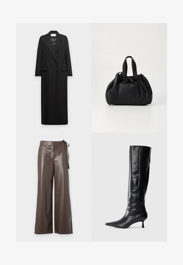 Crni dugi blazer od glatkog materijala, s rever kragnom, dvostrukim kopčanjem sprijeda i dva prednja džepa sa flapom. Jednostavan, krojeni dizajn.; Bijela dugački rukav V-izrez uska majica s krojem i širokim manžetama prikazana na jednoličnoj pozadini.; Smeđe hlače širokih nogavica od umjetne kože s visokim strukom i bočnim vezivanjem na bijeloj pozadini.; Crna kožna čizma do koljena s oštrim vrhom i uskim zakrivljenim petama. Glatka tekstura, prilagođeni dizajn i bez vidljivih dodataka ili uzoraka.; Crna kožna torba s nabranim dizajnom na vrhu, s dva kratka ručka i dugim podesivim remenom. Glatka tekstura, zaobljen oblik.