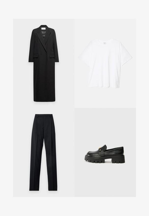 Melns garš žakets, izgatavots no gludas auduma, ar rakstainu apkakli, dubultu pogu slēgšanu un divām priekšējām kabatām ar atloku. Vienkāršs, piegriezts dizains.; Balta kokvilnas T-krekls ar īsām piedurknēm, apaļu dekoltē, brīva piegriezuma un šūtu apakšmalu. Etiķete redzama iekšējā kakla daļā.; Melnas bikses, izgatavotas no gludas auduma, ar augstu vidukli, platiem bikšu galdniekiem, priekšējiem krokām un klasiskām jostu cilpām. Sānu kabatas nav redzamas.; Melni ādas mokasīni ar masīvu zoli, ar zeltaini akcentu priekšā un gludu apdari. Masīva protektora dizains uz zoles.