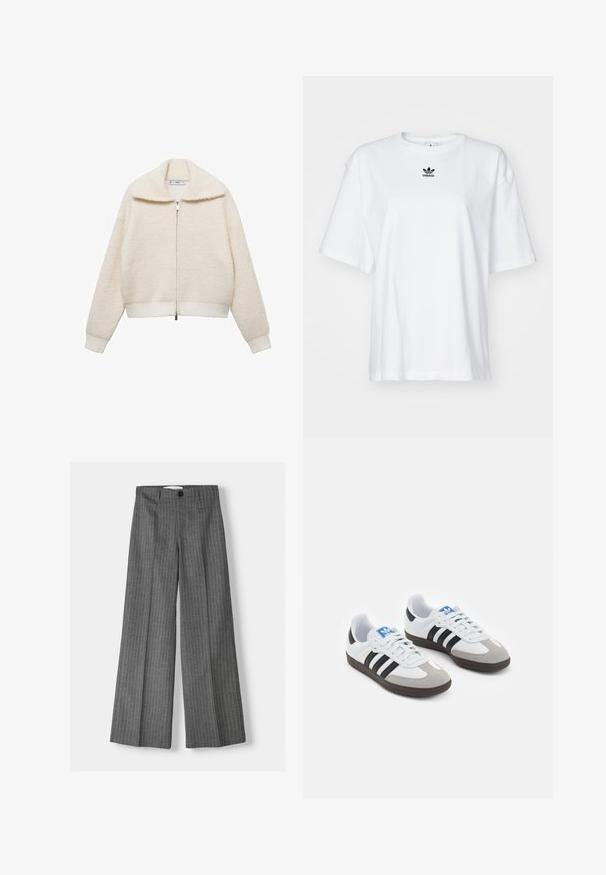 Giacca in pile testurizzato color crema con colletto alto, zip completa e polsini e orlo a coste. Ha una vestibilità rilassata e corta.; T-shirt bianco a maniche corte in cotone. Presenta un collo rotondo e un piccolo logo Adidas nero sul petto. Orlo dritto.; Pantaloni a gamba larga grigi con motivo a righe, dotati di chiusura con bottone e due tasche frontali. Realizzati in tessuto testurizzato.; Scarpe sportive con tomaia in pelle bianca, punta in suede grigia e tre strisce nere. Presentano un logo blu sulla linguetta e una suola in gomma testurizzata.