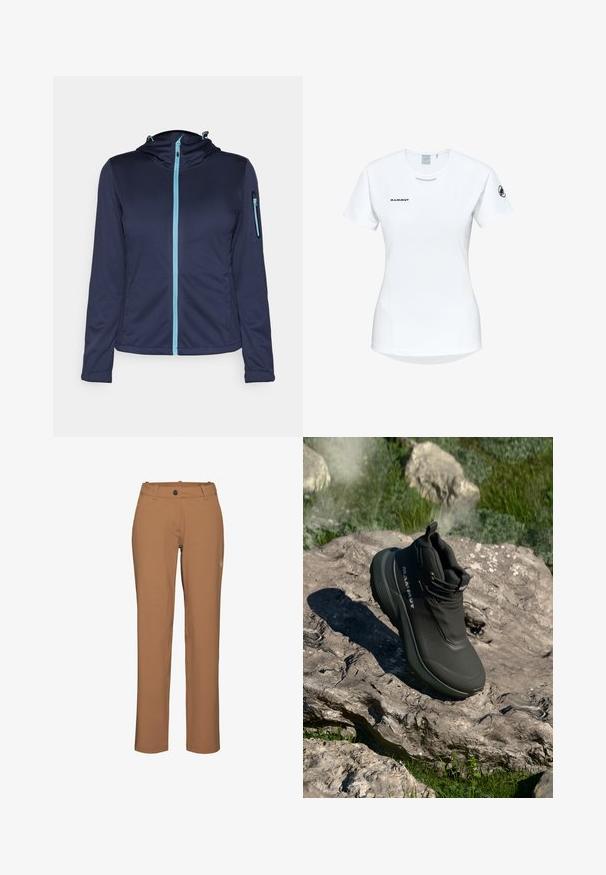Navy softshell jacket with a blue zipper, adjustable hood, and a zippered pocket on the left sleeve. Lightweight and textured fabric.; Short-sleeve white athletic shirt with a round neckline, featuring a logo on the chest and a smooth, lightweight fabric texture.; Mammut Outdoor trousers - claystone; Black hiking boot with a waterproof upper, textured material, reinforced ankle support, and branded accents. Thick sole for traction.