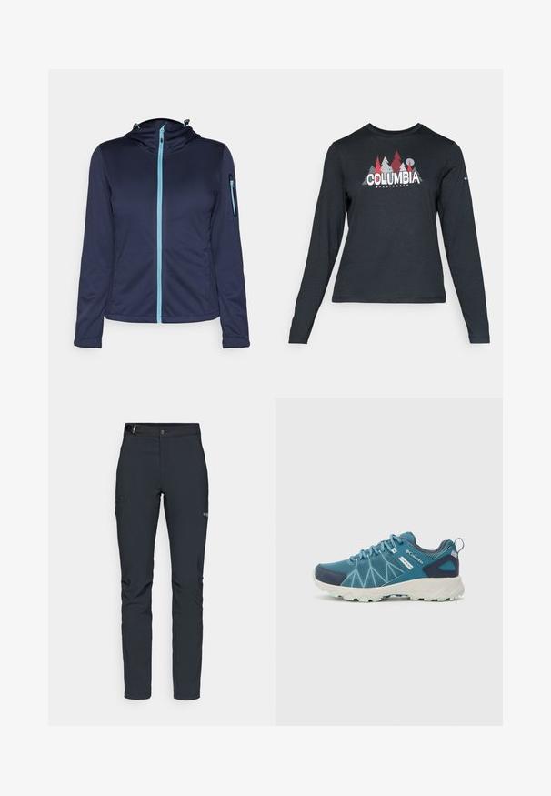 Navy softshell jacket with a blue zipper, adjustable hood, and a zippered pocket on the left sleeve. Lightweight and textured fabric.; Long-sleeve dark gray shirt with a graphic of red trees and mountains; "COLUMBIA" logo in bold white text. Soft fabric, standard crew neck.; Men's outdoor pants, dark gray, made from flexible material, featuring a belt, zippered pockets, and reinforced stitching.; Columbia PEAKFREAK™ II OUTDRY™ - Hiking shoes - blue heron/skylight