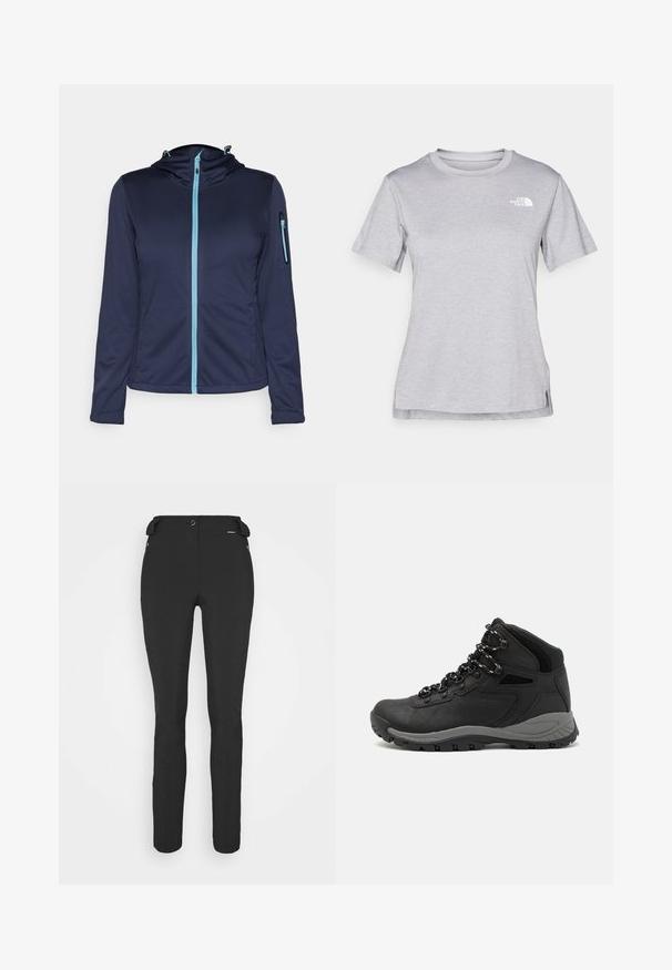 Giacca softshell navy con zip blu, cappuccio regolabile e tasca con zip sul maniche sinistro. Tessuto leggero e texture.; T-shirt grigio a maniche corte realizzato in morbido tessuto traspirante. Presenta un collo tondo e un piccolo logo bianco nella parte superiore sinistra.; Pantaloni neri aderenti realizzati in materiale flessibile. Presentano una tasca laterale con zip, ginocchia articolate e una texture liscia.; Stivale da trekking nero con design a metà altezza, dotato di una tomaia texturizzata, accenti grigi e suola in gomma resistente con tasselli per la trazione.
