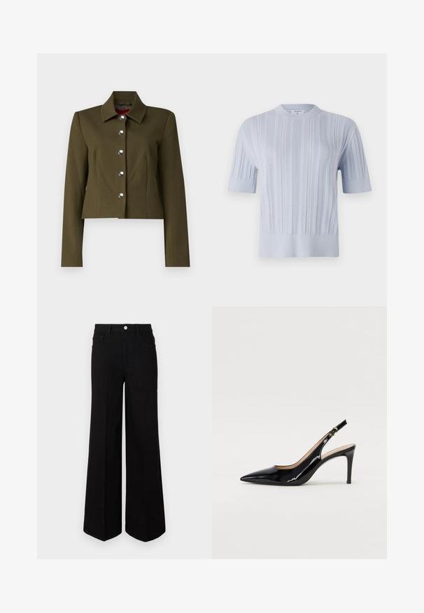 STAUD MARINO JACKET - Allvädersjacka - sergeant green; Ljust blå kortärmad stickad topp med vertikal ribbad textur och rund halsringning. Tyget har subtila detaljer med en figurnära nederkant.; Svarta vida jeans i kraftig tyg, med hög midja, framfickor och knäppning fram. Slät fåll längst ner.; Svart patenterat läder slingback pumps med spetsig tå, smal klack och en subtil utskärning. Har en guldbuckle på remmen.