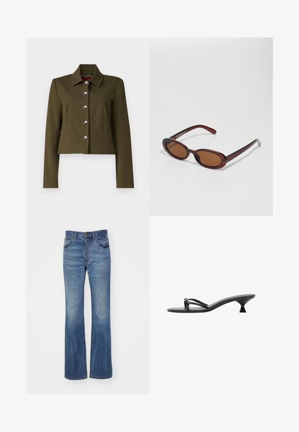 STAUD MARINO JACKET - Jachetă subțire - sergeant green; Cămașă din denim de culoare albastru mediu, cu mâneci lungi, nasturi la partea din față, guler ascuțit și două buzunare pe piept. Textură moale, cu croială standard.; Blugi evazați din denim albastru cu o spălare medie, având talie înaltă, bucle pentru curea și buzunare frontale. Textură netedă cu minimală uzură.; Sandale negre cu toc, având un design elegant, curele subțiri și un toc triunghiular unic. Textură netedă și un aspect minimalist.; Ochelari de soare rotunzi, cu nuanțe de brown și cu un cadru lucios de burgund. Brațe subțiri cu detalii subtile de branding. Design cu lentile plate.