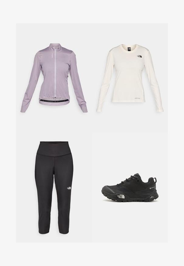 Light purple cycling jacket, lightweight fabric, full zip front, long sleeves, tucked hem with elastic band, features logo printed on chest.; The North Face SHADOW LONG SLEEVE - Long sleeved top - white dune; Black capri leggings made from stretchy fabric, featuring a high waistband and a small white logo on the left side. Smooth texture.; Black hiking shoe with a textured upper, lace closure, and a chunky rubber sole featuring a prominent logo on the side and tread patterns.