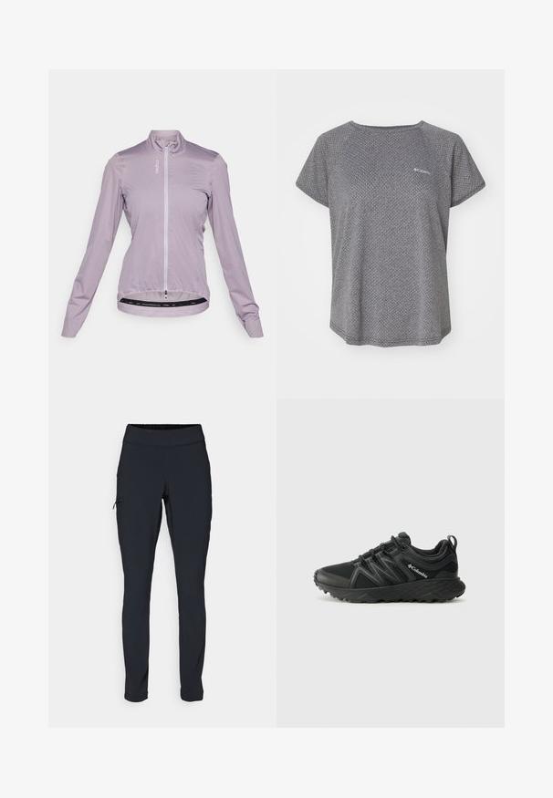 Světle fialová cyklistická bunda, lehká tkanina, plný zip vpředu, dlouhé rukávy, zakončení s elastickým páskem, má logo potištěné na hrudi.; Šedá košile s krátkým rukávem s jemným texturovaným vzorem, kulatým výstřihem a logem Columbia na hrudi. Měkká tkanina, uvolněný střih.; Černé sportovní kalhoty s úzkým střihem, elastickým pasem a boční kapsou na zip. Hladká, elastická tkanina s minimem švů.; Columbia PEAKFREAK - Trekingové boty - black
