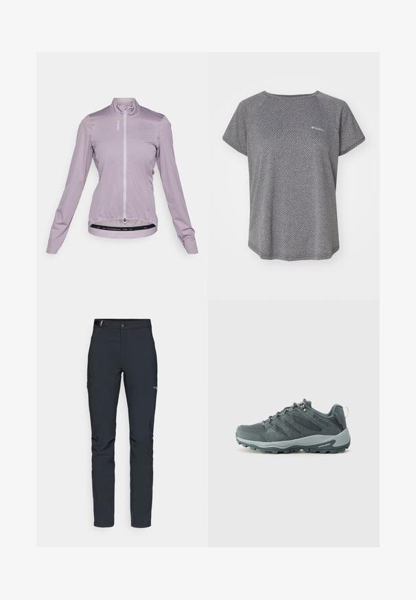 Light purple cycling jacket, lightweight fabric, full zip front, long sleeves, tucked hem with elastic band, features logo printed on chest.; Gray short-sleeve shirt featuring a subtle textured pattern, round neckline, and Columbia logo on the chest. Soft fabric, relaxed fit.; Men's outdoor pants, dark gray, made from flexible material, featuring a belt, zippered pockets, and reinforced stitching.; Dark grey hiking shoes with mesh and suede upper, lace-up design, cushioned sole, and rugged outsole with grip pattern.