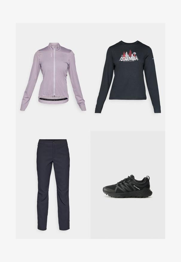 Svjetloljubičasta biciklistička jakna, lagani materijal, potpuni zip sprijeda, duge rukave, unutra uvučen rub s elastičnom trakom, s logom otisnutim na prsima.; Majica z dolgimi rokavi temno siva z grafiko rdečih dreves in gora; logotip "COLUMBIA" v krepki beli barvi. Mehka tkanina, standarden krojen ovratnik.; Mornarji modri hlače iz gladkega blaga, z zapiranjem na gumb spredaj, tesno prilegnjenim krojem in gubami na kolenih.; Columbia PEAKFREAK - Pohodniški čevlji - black