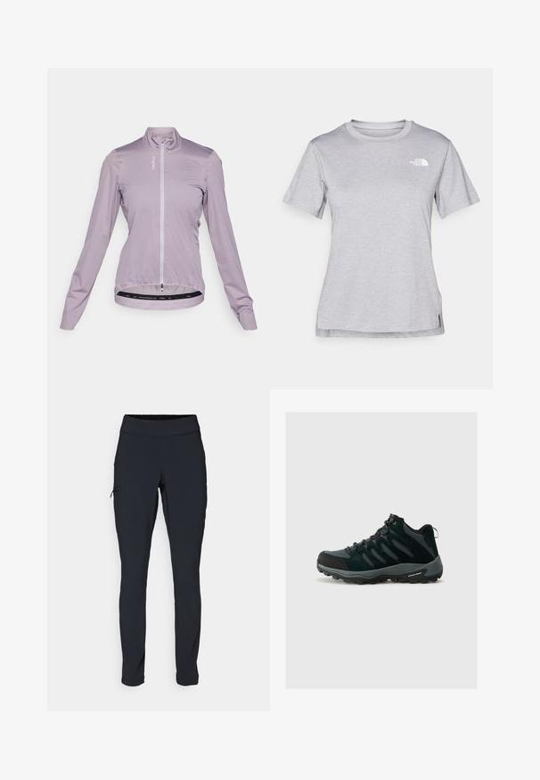 Lys lilla sykkeljakke, lett stoff, hel glidelås foran, lange ermer, innfelt hem med elastisk bånd, har logo trykt på brystet.; Grå kortermet t-skjorte laget av myk, fukttransporterende stoff. Har en rund hals og en liten hvit logo på øvre venstre side.; Svarte joggebukser med slim fit, elastisk midjebånd og en sidelomme med glidelås. Glatt, elastisk stoff med minimalt med sømmer.; Columbia REDMOND - Fjellsko - black/citron haze