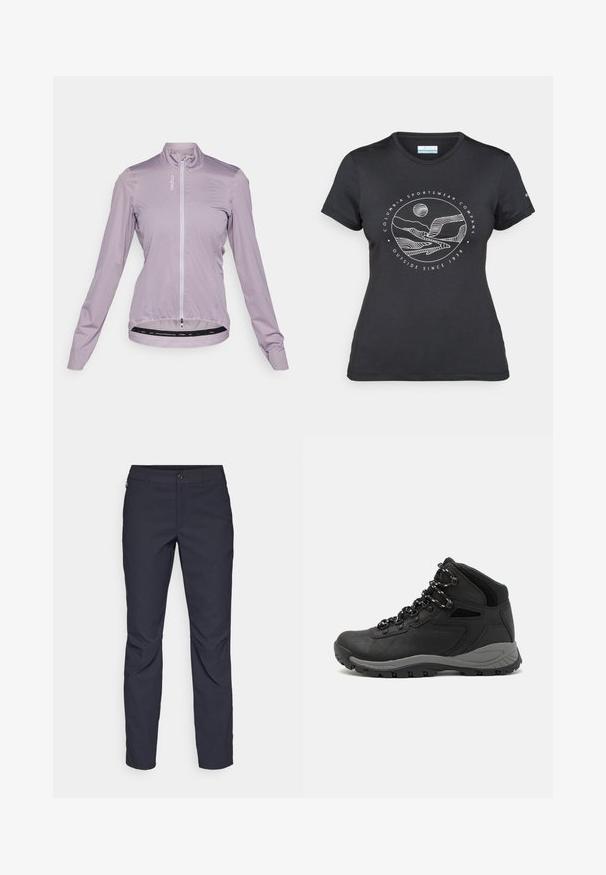 Lys lilla sykkeljakke, lett stoff, hel glidelås foran, lange ermer, innfelt hem med elastisk bånd, har logo trykt på brystet.; Svart Columbia t-skjorte med hvit sirkulær fjell- og elvlinjekunst og tekst "Columbia Sportswear Company Outside Since 1938."; Marineblå bukser laget av glatt stoff, med frontknappelukking, slim-fit design og pressede detaljer ved knærne.; Sorte turstøvler med mid-topp design, som har en teksturert overdel, grå detaljer og slitesterk gummisåle med godt grep.