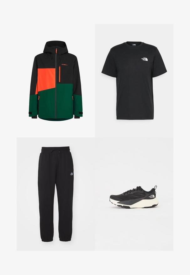 Črna in zelena jakna z oranžnimi dodatki; vključuje kapuco, žepke z zadrgo in geometrijsko oblikovanje barv. Vodoodporen material.; Črna bombažna majica s kratkimi rokavi, okroglim izrezom in majhnim belim logotipom na levem prsnem delu. Preprost dizajn, gladka tekstura in sproščen kroj.; Črne trenirke iz mehkega materiala, z elastičnim pasom in vrvico, zoženimi gležnji ter majhnim logotipom na zgornjem stegnu.; Črne atletske čevlje z mrežastim zgornjim delom z teksturo, trdnimi črnimi detajli in lahkim belim podplatom. Imajo vezalni sistem in zanko za pomoč pri obuvanju.