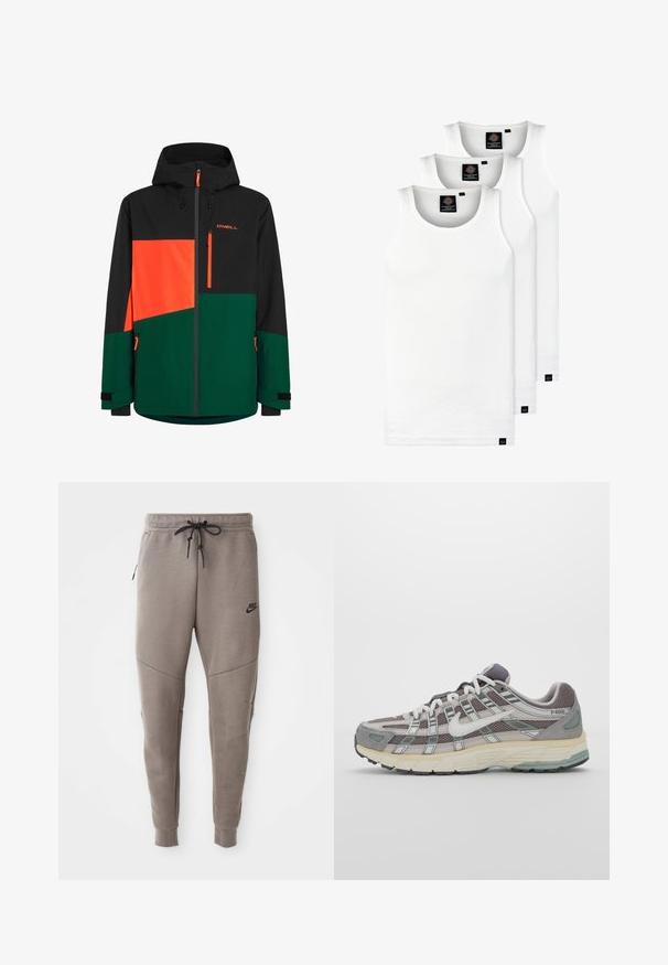Melna un zaļa jaka ar oranžiem akcentiem; aprīkota ar kapuci, kabatām ar rāvējslēdzējiem un ģeometrisku krāsu bloku dizainu. Ūdensnecaurlaidīgs materiāls.; Trīs baltas ribotas krūšturi, kas izgatavoti no kokvilnas. Iezīmēti ar apaļu kakla izgriezumu un maziem melniem etiķetēm tuvu apakšmalai. Pieejami vairākos izmēros.; Pelēki Nike sporta bikses ar aukliņu viduklī, sašaurinātiem galiem, sānu kabatām un izteiktām šuvēm. Mīksta, teksturēta auduma.; Pelēkie sporta apavi ar tīkla un zamša augšdaļu, baltiem akcentiem, mīkstinātu zoli un izcilu dizainu ar atstarotājiem.