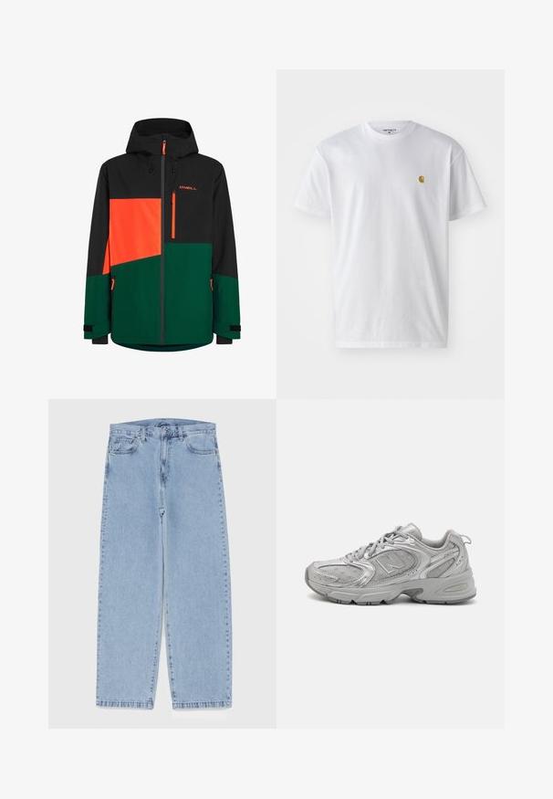 Veste noire et verte avec des accents orange ; dotée d'une capuche, de poches zippées et d'un design de bloc de couleur géométrique. Matériau imperméable.; T-shirt en coton blanc à manches courtes, col rond, avec un petit logo doré sur la poitrine gauche. Texture douce et coupe régulière.; Jean en denim bleu clair avec une coupe droite, présentant une taille mi-haute, cinq poches, et une fermeture à bouton et à fermeture éclair.; Chaussure de sport argentée au design épuré, composée de panneaux en mesh, d'une languette rembourrée, d'une tige en synthétique texturé et d'une semelle en caoutchouc pour une meilleure traction.