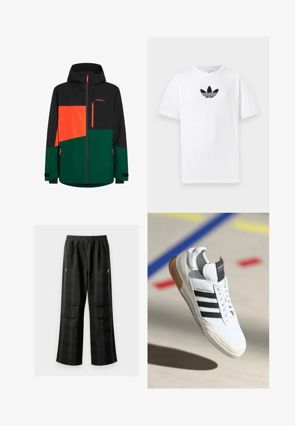Giacca nera e verde con accenti arancioni; presenta un cappuccio, tasche con zip e un design a blocchi di colore geometrico. Materiale impermeabile.; T-shirt bianco in cotone con logo Adidas nero al centro. Maniche corte e design con girocollo. Texture liscia.; Pantaloni a quadri neri con vita elasticizzata, due tasche frontali e una vestibilità ampia con design a gamba dritta. Realizzati in materiale leggero.; Sneaker Adidas Mundial Goal bianca con strisce nere e suola in gomma, mostrata in volo sopra un pavimento di un campo sportivo con linee colorate.