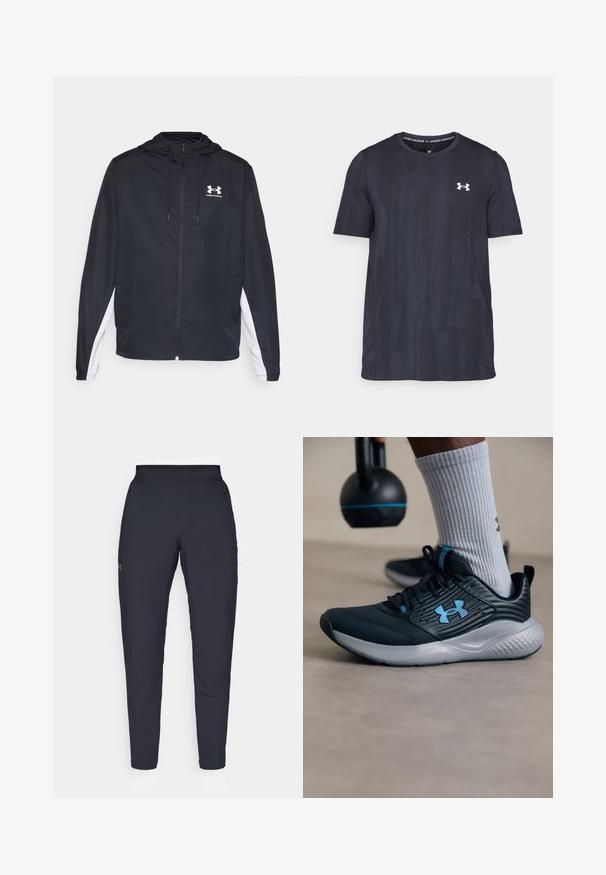 Veste de sport noire avec capuche, fermeture éclair et panneaux latéraux blancs. Présente un logo sur la poitrine et des poignets élastiques pour un ajustement sûr.; T-shirt à manches courtes bleu marine foncé en tissu respirant, présentant un motif texturé et un logo Under Armour blanc sur la poitrine.; Pantalons de sport noirs avec une texture lisse, coupe slim, taille élastique et poches latérales. Présente un petit logo sur la cuisse gauche.; Chaussure de sport noire avec des accents bleus, tige texturée et semelle grise. Portée avec des chaussettes à côtes grises, à côté d'un kettlebell noir.