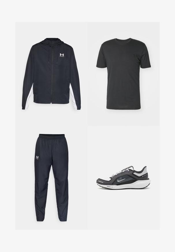 Black athletic jacket with a hood, zip closure, and white side panels. Features a logo on the chest and elastic cuffs for a secure fit.; Black short-sleeve t-shirt made of cotton, featuring a round neckline and a small black logo on the left chest area.; Black athletic pants featuring an elastic waistband, tapered legs, and a white logo on the side. Made from lightweight, durable fabric.; Black and gray athletic shoe with a mesh upper, reflective accents, and a white midsole. Features textured rubber outsole and laces.