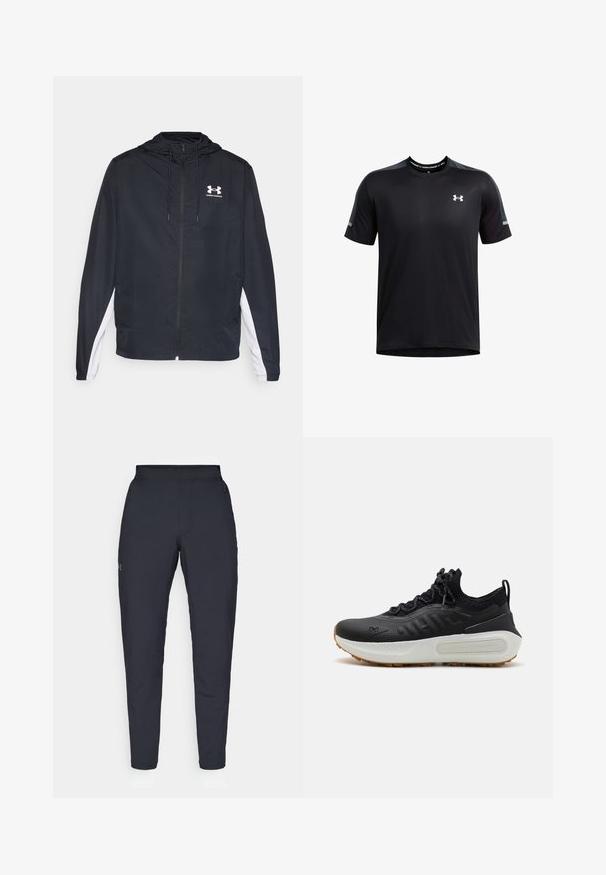 Črna športna jakna s kapuco, z zadrgo in belimi stranskimi paneli. Ponuja logo na prsih in elastične manšete za varen oprijem.; Črna atletska majica s kratkimi rokavi, izdelana iz tkanine, ki odvaja vlago. Ima siva poudarjena mesta na ramenih in majhen logo na prsih.; Črne atletske hlače z gladko teksturo, ožjega kroja, elastičnim pasom in stranskimi žepi. Imajo majhen logotip na levem stegnu.; Črne športne copate z teksturirano zgornjimi deli, ovratnikom, podoben nogavici, s sivo vezalko ter belim srednjim podplatom, ki ima vzorčasto zasnovo, in gumijastim podplatom.