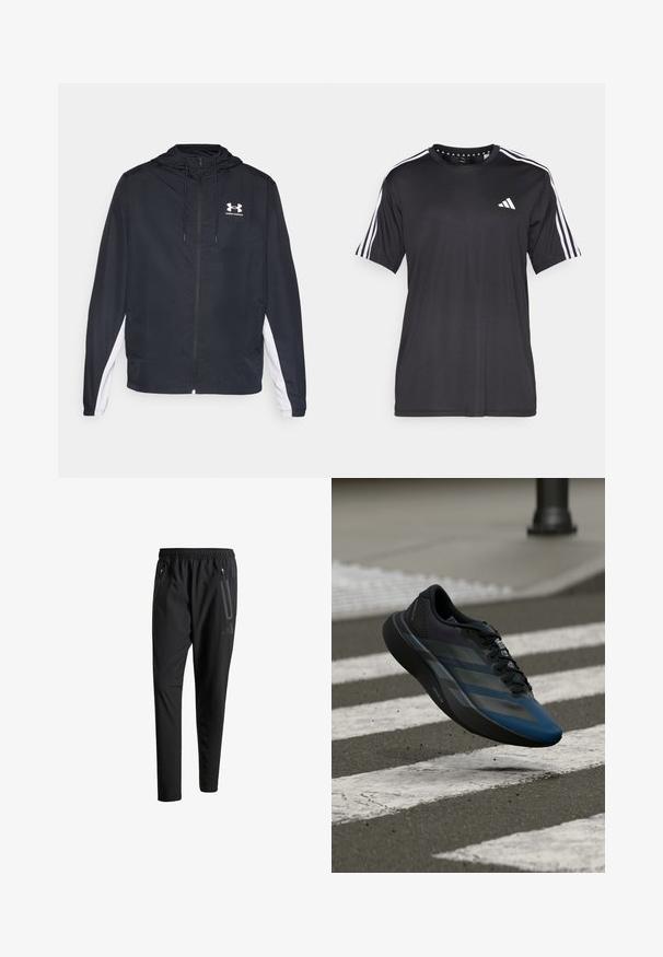 Črno vetrovko z ruto, ki ima bele stranske poudarke. Narejena je iz lahkega materiala, vključuje sprednji zadrgo in logotip.; Črna majica s kratkimi rokavi z belim dizajnom treh črt na ramenih in logotipom na prsih. Narejena iz zračnega materiala, gladke teksture.; Črne športne hlače z elastičnim pasom, dvema žepoma na zadrgo ob strani, zoženimi hlačnicami in diskretnim logotipom na boku.; Črno in modro atletsko čevlje z aerodinamičnim dizajnom, teksturirano zgornjo plastjo, kontrastnimi črtami ter oblazinjeno podplatom, ki lebdi nad asfaltom.