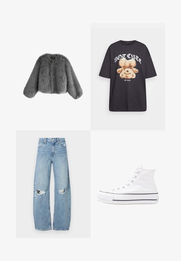 Sivi umjetni krzneni kaput s okruglim izrezom, spuštenim ramenima i dugim, širokim rukavima, koji ima mekan, teksturiran završni sloj.; Crna oversized majica s grafikom medvjeda i natpisom "NIJE SLATKO, ALI DIVLJE" u podebljanim, bijelim slovima. Pamuk.; Svijetloplave, visoko-strukirane traperice. Imaju široke nogavice, dva razderana područja na koljenima i klasičan stil s pet džepova.; Bijela visoka platnena tenisica s crnom gumenom potplatom, prednjim gumenim zaštitnikom prstiju i šest rupa za vezanje, s čistim, minimalističkim dizajnom.