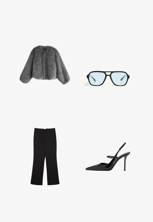 Giacca grigia in pelliccia sintetica con scollatura rotonda, spalle basse e maniche lunghe e larghe, caratterizzata da una finitura morbida e testurizzata.; Top corto senza maniche nero realizzato in tessuto liscio, con scollatura rotonda e un design pulito e semplice, privo di pattern o accessori.; Pantaloni neri a gamba dritta, con tasche frontali e spacchi laterali all'orlo. Realizzati in tessuto morbido e liscio. Adatti a diverse occasioni.; Slingback in vernice nera con tacco a stiletto, punta affusolata e cinturino regolabile. Superficie liscia con finitura lucida.; Occhiali da sole neri con montatura rettangolare, lenti blu e un design del ponte distintivo. Finitura elegante, texture sobria.
