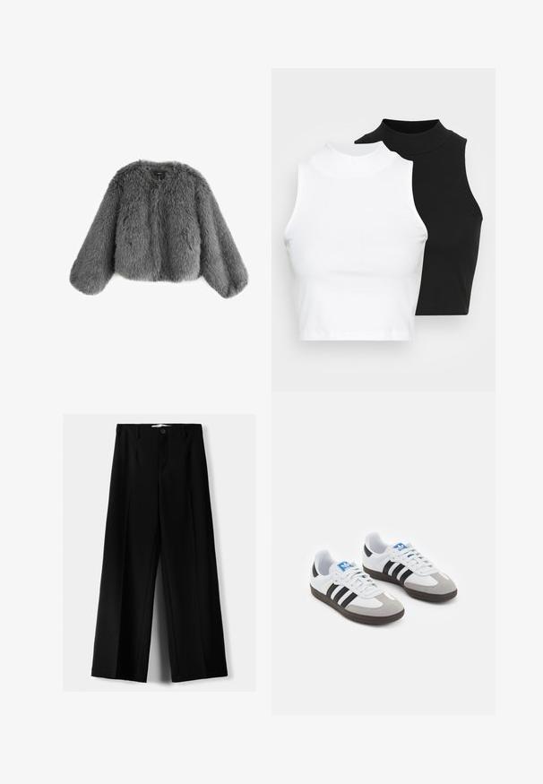 Veste en fausse fourrure grise avec un col arrondi, des épaules tombantes et de longues manches larges, présentant une finition douce et texturée.; Deux hauts sans manches en maille côtelée, en noir et blanc, dotés d'un design ajusté et d'une texture lisse, avec une longueur courte.; Pantalons larges noirs en tissu léger, avec une fermeture à bouton à l'avant et un devant plat, dotés d'ourlets soigneusement cousus.; Baskets avec une tige en cuir blanc, un bout en daim gris et trois bandes noires. Présente un logo bleu sur la languette et une semelle en caoutchouc texturée.