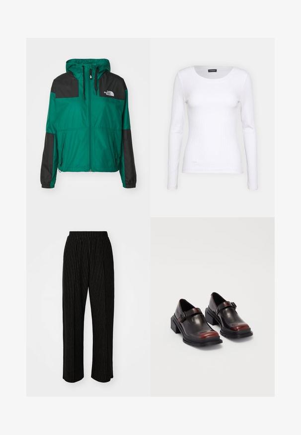 The North Face SHERU - Lauko striukė - evergreen; Balta, raukšlėta ilgarankovė palaidinė su apvalia iškirpte. Pagaminta iš elastingos medžiagos, kuri prisitaiko prie kūno. Pasipuošusi subtiliomis horizontaliosiomis linijomis.; Juodi, plačių kojų kelnės su baltomis vertikaliomis juostelėmis, su elastinga juosmens juosta, užtikrinančia komfortą, ir sklandžia, minkšta tekstūra.; Odiniai blokiniai kulniukai su blizgiu tamsiai rudų vyno atspalviu, su sagties dirželiu ir apvalia nosimi. Tekstūruotas padas geresniam sukibimui.