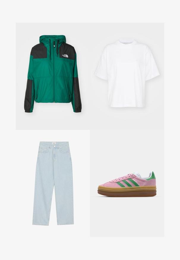 The North Face SHERU - Ulkoilutakki - evergreen; Valkoinen puuvillainen t-paita, jossa on pyöreä pääntie, lyhyet hihat ja rento istuvuus. Vasemmassa rinnan kohdassa on huomaamaton logo. Sileä pinta.; Vaaleansiniset leveät farkut, jotka on valmistettu denimistä, ja joissa on keskipitkä vyötärö, viisi taskua sekä nappisuljenta, jossa on kapea metallikoriste.; Vaaleanpunaiset mokkanahkakengät, joissa on vihreät raidat, valkoiset yksityiskohdat ja ruskea kumipohja. Sisältää tekstuurillista kangasta ja logoyksityiskohtia sivulla.