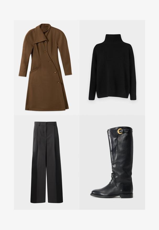 Barna hosszú kabát aszimmetrikus elülső résszel, ívelt oldalsó varrással és négy gombbal, arany tónusú emblémával.; Fekete kötött pulóver magas bordázott gallérral, alacsony vállvonallal és laza szabással. Bordázott mandzsettákkal és szegéllyel rendelkezik a textúra érdekében.; Fekete, bő szárú nadrág magas derékkal, elöl plissékkel, sima felülettel és igényes kidolgozással. Kényelmes viseletre tervezve.; Fekete bőrből készült, térd fölé érő csizma, lekerekített orral, fűzős elülső résszel, oldalsó díszítéssel és arany színű csattal a tetején. Simább textúra.