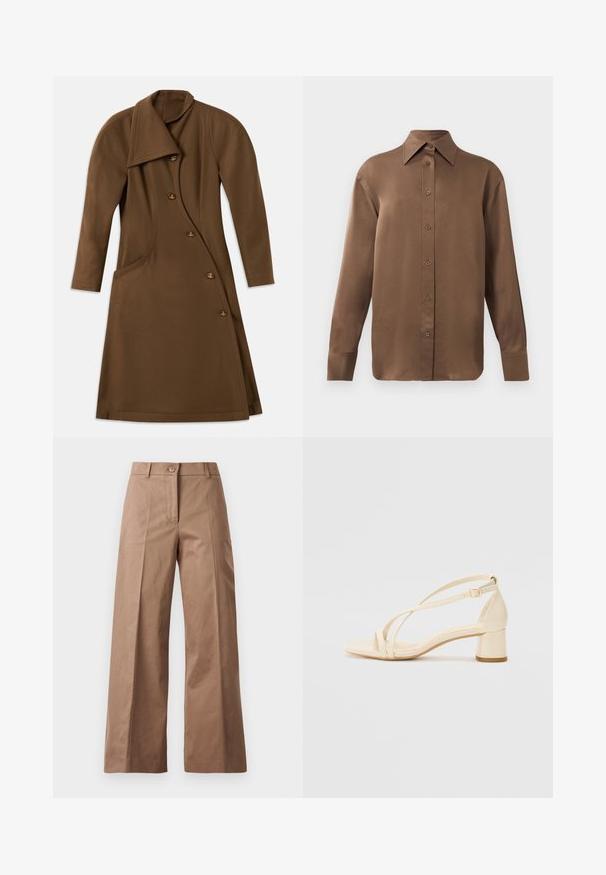 Brauner langer Mantel mit asymmetrischer Front, geschwungener Seitennaht und vier Knöpfen mit goldfarbenem Emblem-Detail.; Braunes Langarmhemd mit Knopfverschluss, spitzem Kragen und Manschetten, vor einem schlichten weißen Hintergrund präsentiert.; Braune weite Hose aus einem glatten Stoff, mit einem Knopfverschluss vorne, zwei Fronttaschen und klaren, maßgeschneiderten Linien.; Beige Sandalen mit Absatz, Blockabsatz, Riemchen-Design und verstellbarem Knöchelriemen, aus glattem synthetischem Material mit matter Oberfläche.