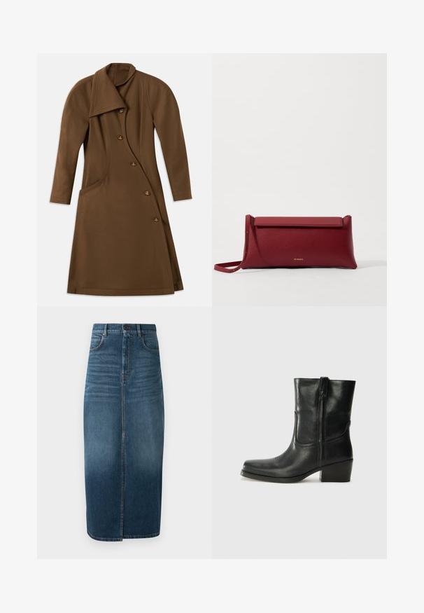 Hnědý dlouhý kabát s asymetrickým předním dílem, zakřiveným bočním švem a čtyřmi knoflíky s detailem zlatého emblému.; Bílá blůza s krátkým rukávem zdobená modrou květinovou výšivkou, kulatým výstřihem a složitými vzory podél přední části a rukávů.; Denim midi sukně v tmavě indigo, s předním rozparkem a mírným vyblednutím. Klasický design s pěti kapsami a kovovým zapínáním na knoflík.; Černá kožená kotníková bota s kulatou špičkou, blokovým podpatkem, bočním zipem a prošíváním na svršku. Hladký povrch, klasický design.; Červená kožená kabelka na ruku s texturovaným povrchem, s plochým sklápěcím vrchem a krátkým popruhem. Jemné logo značky vepředu.