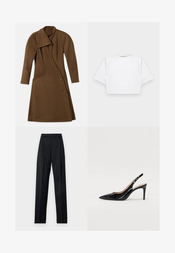 Bruine lange jas met een asymmetrische voorkant, gebogen zijnaad en vier knopen met een goudkleurig embleem detail.; Gemiddelde witte T-shirt gemaakt van zachte stof, met korte mouwen, een ronde halslijn en geribbelde zoomdetails. Eenvoudig en ongecompliceerd ontwerp.; Zwarte broek gemaakt van gladde stof met een hoge taille, wijde benen, voorplooien en klassieke ceintuurlussen. Geen zijzakken zichtbaar.; Zwarte gepatineerde leren slingback pump met een puntige neus, slanke hak en een subtiel uitgesneden ontwerp. Bevat een gouden gesp op de band.