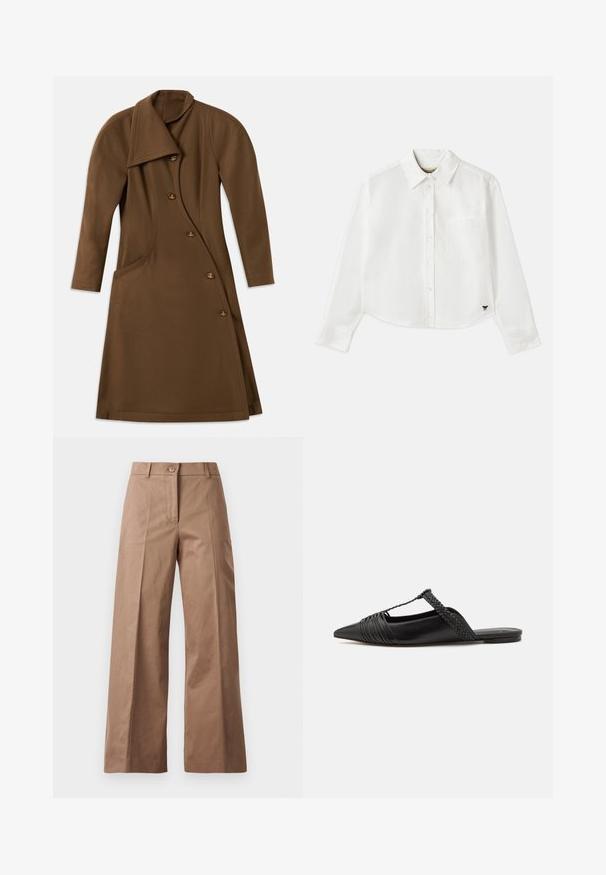 Cappotto lungo marrone con un frontale asimmetrico, cucitura laterale curva e quattro bottoni con un dettaglio in rilievo color oro.; Camicia bianca a maniche lunghe e taglio corto in cotone. Presenta una chiusura con bottoni sul davanti, una tasca sul petto e un piccolo logo nero in basso a sinistra.; Pantaloni larghi marroni realizzati in un tessuto morbido, con chiusura frontale con bottone, due tasche anteriori e linee pulite e sartoriali.; Scarpa slingback in pelle nera con punta appuntita, con un dettaglio intrecciato e un design superiore plissettato. Suola piatta con hardware minimale.
