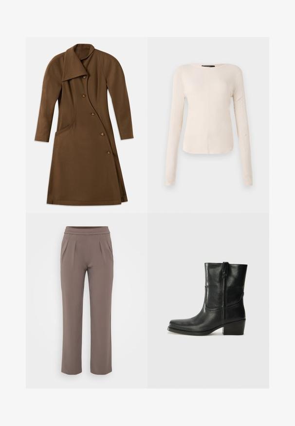 Brown long coat with an asymmetrical front, curved side seam, and four buttons featuring a gold-tone emblem detail.; Long-sleeve, light beige top with a round neckline. Made of soft fabric, features a central seam and slightly curved hem. No visible hardware.; Taupe loose-fit trousers with elastic waistband and front pleats, made from smooth fabric.; Black leather ankle boot with a rounded toe, block heel, side zipper, and stitching accents on the vamp. Smooth texture, classic design.
