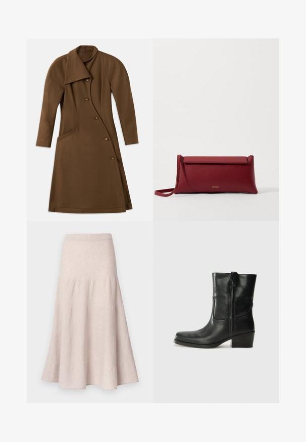 Abrigo largo marrón con un frente asimétrico, costura lateral curvada y cuatro botones con un detalle de emblema en tono dorado.; Top negro sin mangas con tirantes finos, hecho de una tela acanalada, que presenta un corte recto y una etiqueta en el cuello que dice "IVY OAK".; Falda acampanada de color beige claro hecha de tela suave, con cintura alta y diseño fruncido con una silueta fluida.; Botín negro de cuero hasta el tobillo con punta redondeada, tacón cuadrado, cremallera lateral y detalles de costura en el empeine. Textura suave, diseño clásico.; Bolso de mano de cuero rojo con un acabado texturizado, que presenta una parte superior plana y un asa corta. Sutil logo de la marca en la parte frontal.
