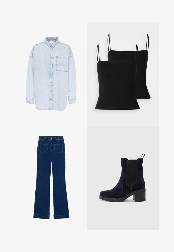 Gai zila denima krekls ar pogu slēgu priekšpusē, vienu krūšu kabatu un garām piedurknēm. Satur sudraba pogu aparatūru un brīvu piegriezumu.; Melnas camisole topi ar plānām siksniņām, kuriem ir gluda, elastīga auduma un pieguļošs siluets. Iepakojumā divi gabali.; Tumši zili džinsi ar izplestām kājām, gluda tekstūra, piecu kabatu dizains un pogu aizdare jostas vietā.; Jūras zilas zamšādas potītes zābaki ar elastīgu sānu paneļu, noapaļotu purngalu un bloku papēdi. Tekstūrizēta auduma un gludas zoles salīdzinājums.