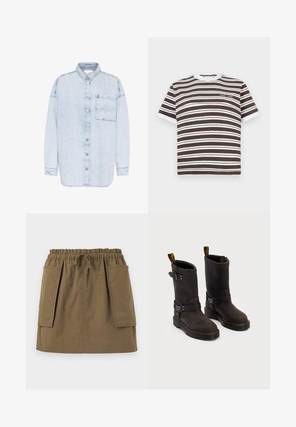 Jasnoniebieska koszula dżinsowa z przodem na guziki, pojedynczą kieszenią na piersi i długimi rękawami. Posiada metalowe guziki w kolorze srebrnym oraz luźny krój.; Brązowa i biała pasiasta koszulka z krótkim rękawem, okrągłym dekoltem i małym logo na piersi. Wykonana z miękkiego materiału bawełnianego.; Oliwkowa spódnica do kolan z elastycznym pasem, sznurkiem i dwiema dużymi kieszeniami po bokach. Wykonana z lekkiego materiału z widocznymi szwami.; Ciemnobrązowe skórzane buty z projektu do połowy łydki, żółte szwy, regulowane paski z klamrami oraz pętle do zakupu na górze. Teksturowane wykończenie.