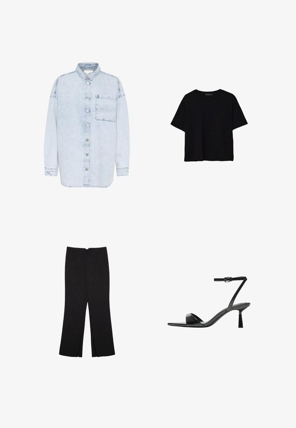 Svijetloplavi traper košulja s gumbima sprijeda, jednim džepom na prsima i dugim rukavima. Sadrži srebrne gumbe i opušteni kroj.; Črna kratka majica s kratkimi rokavi, kratka dolžina, okrogli izrez in preprost dizajn, položena na ravno belo podlago.; Črne hlače ravnega kroja z naglavnimi žepi in stranskimi razporki na robu. Narejene iz mehke, gladke tkanine. Primerne za različne priložnosti.; Bershka Sandali z visoko peto - black